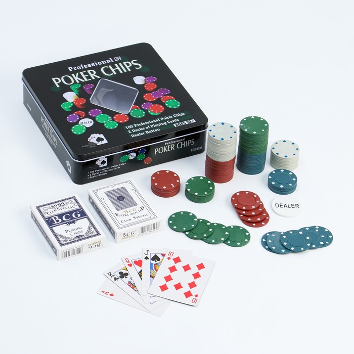 фото Покер, набор для игры (карты 2 колоды микс, фишки 100 шт.), без номинала 20 х 20 см nobrand