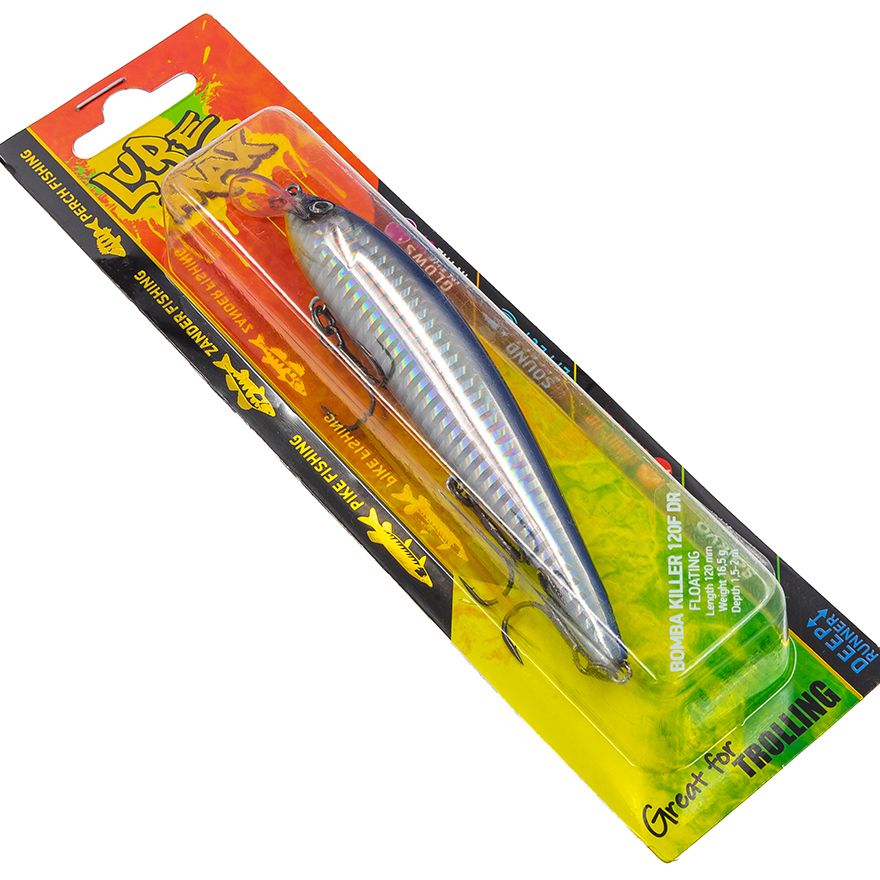

Воблер для троллинга LureMax BOMBA KILLER 120F DR 001, 120мм, 16.5гр, плавающий, до 2 м, Голубой, BOMBA KILLER Новый стиль 2023