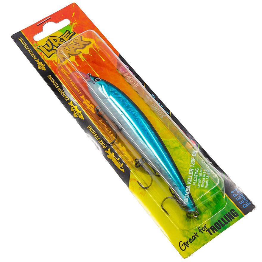 

Воблер для троллинга LureMax BOMBA KILLER 120F DR 003, 120мм, 16.5гр, плавающий, до 2 м, Голубой, BOMBA KILLER Новый стиль 2023