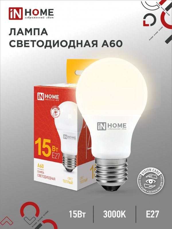 

Лампа светодиодная IN HOME LED-A60-VC 15Вт 230В Е27 3000К 10 шт 4690612020266, LED