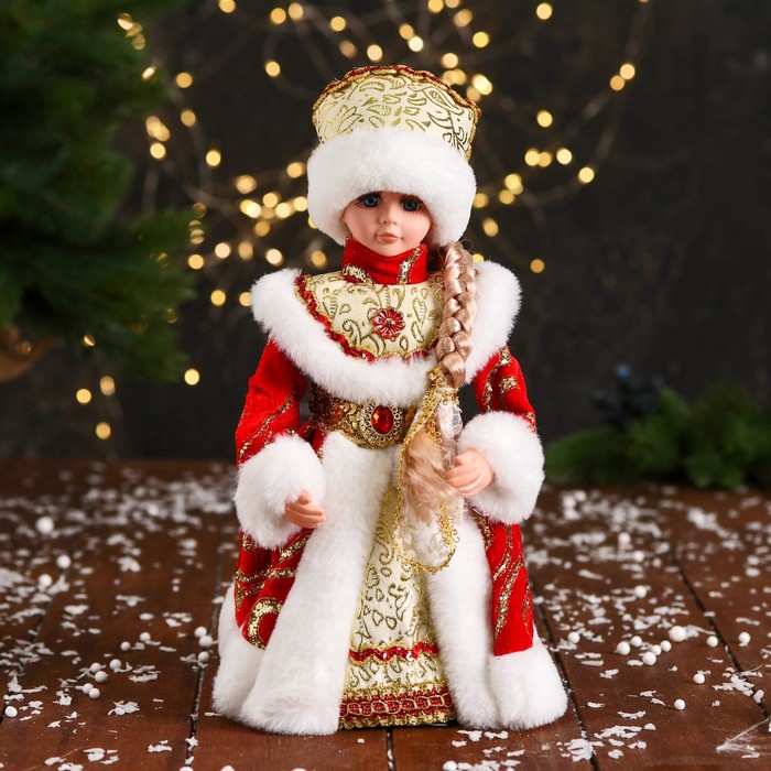 

Снегурочка "Шик" в красной шубке, с косой, двигается, 14х30 см