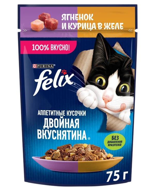 Влажный корм для кошек Felix Двойная вкуснятина с ягненком и курицей, 75 г