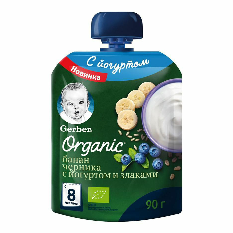 

Пюре Gerber Organic банан черника со злаками и йогуртом с 8 месяцев 90 г