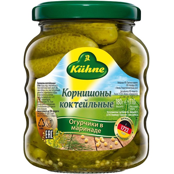 

Корнишоны Kuhne коктейльные консервированные, 180 г Германия