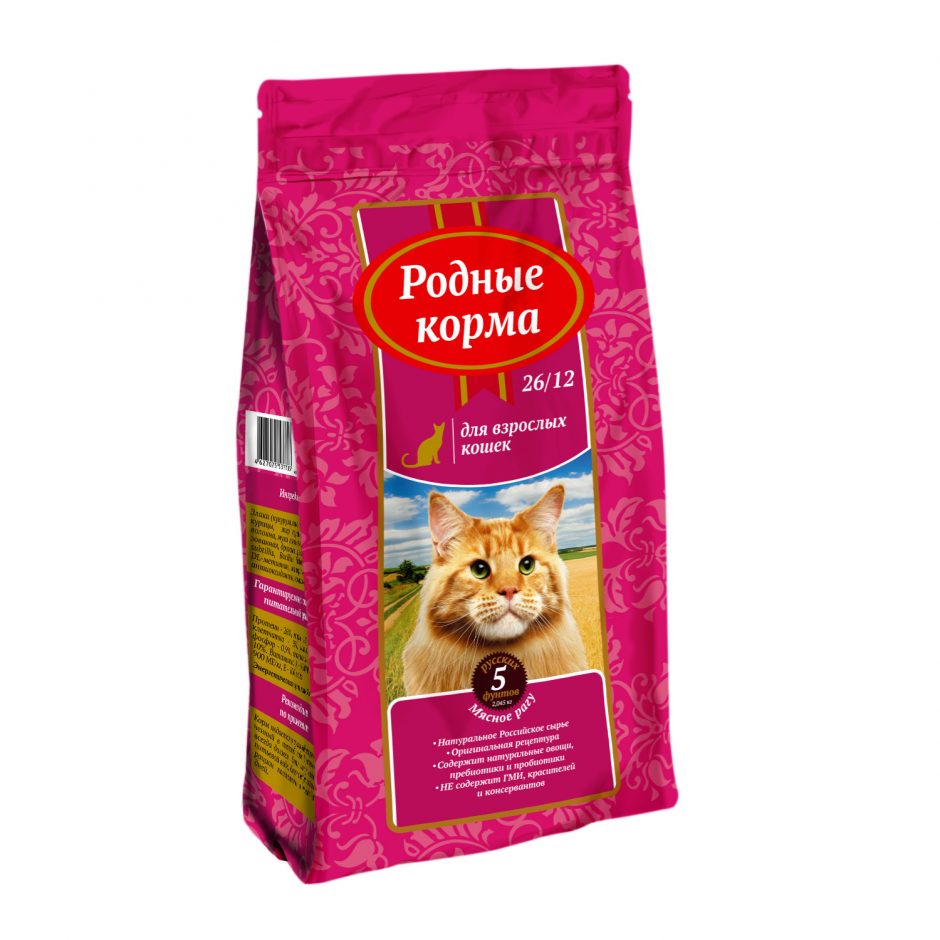 ПАК_6 РОДНЫЕ КОРМА 26/12 5 русских фунтов 2,045 кг сухой корм для взрослых кошек мясное ра