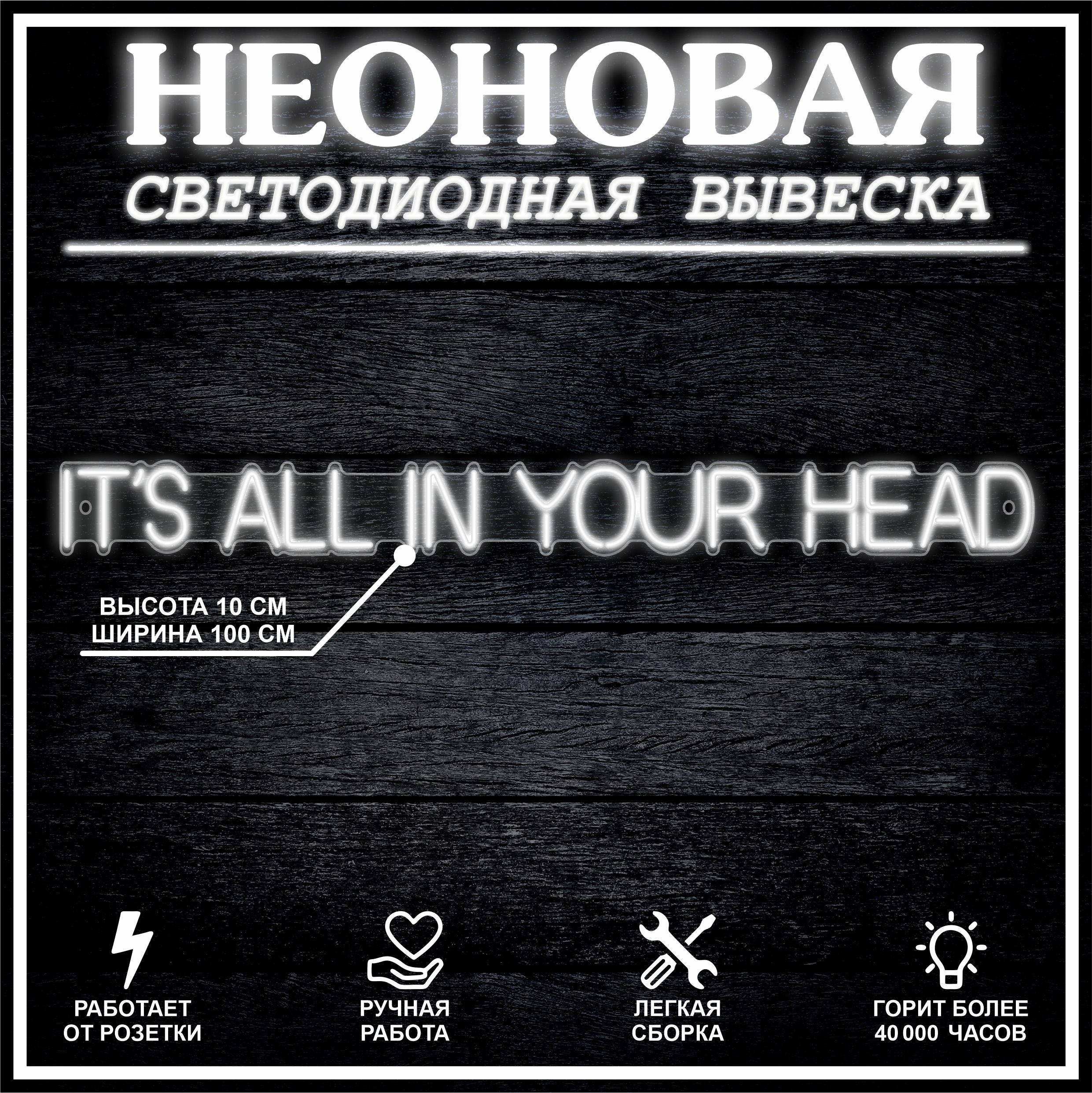 

Неоновая вывеска IT S ALL IN YOUR HEAD 100х10 см / холодный белый, 24335