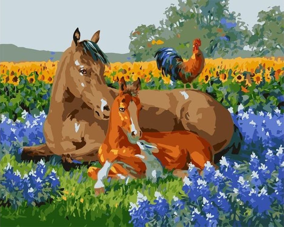 

Живопись по номерам Paintboy Лошади и петух 40x50, Лошади и петух