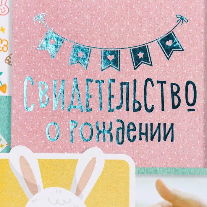 

Свидетельство о рождении Кролик тиснение, розовый тон, А5, Розовый;разноцветный