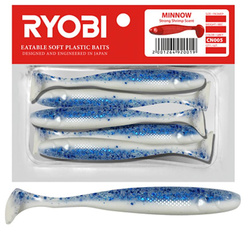 

Мягкая силиконовая приманка риппер Ryobi Minnow 95 мм., 5 шт., cn005, Синий;белый, Minnow