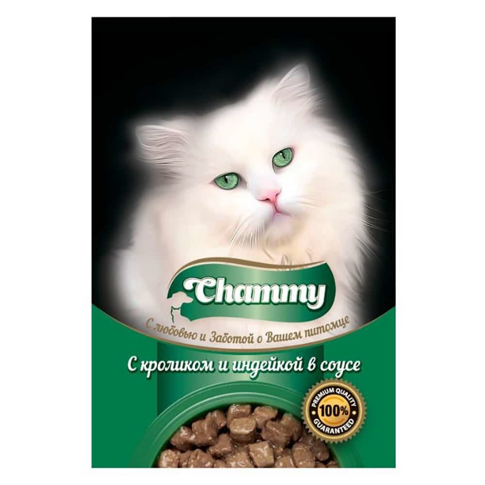 

Влажный корм для кошек Chammy, с кроликом и индейкой в соусе, 24шт по 85г, кролик, индейка 85 г