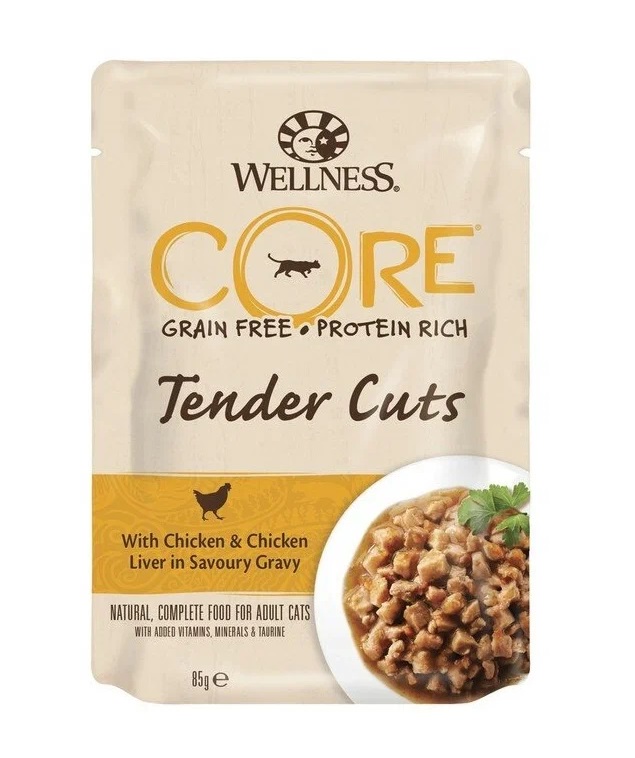 

Влажный корм для кошек Wellness CORE Tender Cuts, курица и печень в пикантном соусе, 85г, Tender Cuts