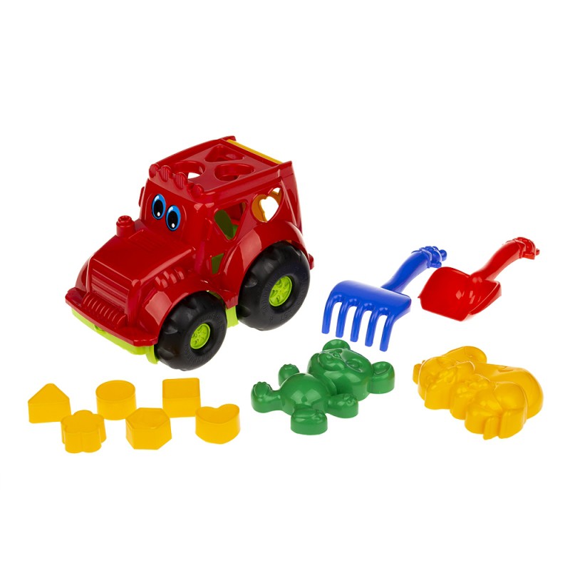 фото Сортер-трактор colorplast кузнечик №2 + лопатка, грабельки, 2 формочки, в ассортименте