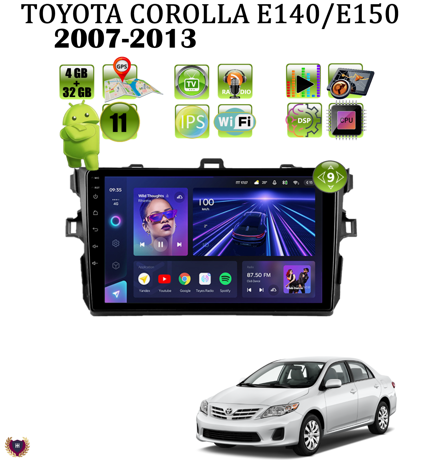 Автомагнитола Podofo для Toyota Corolla E140/E150 (2007-2013), Android 11, 4/32Gb, Wi-Fi