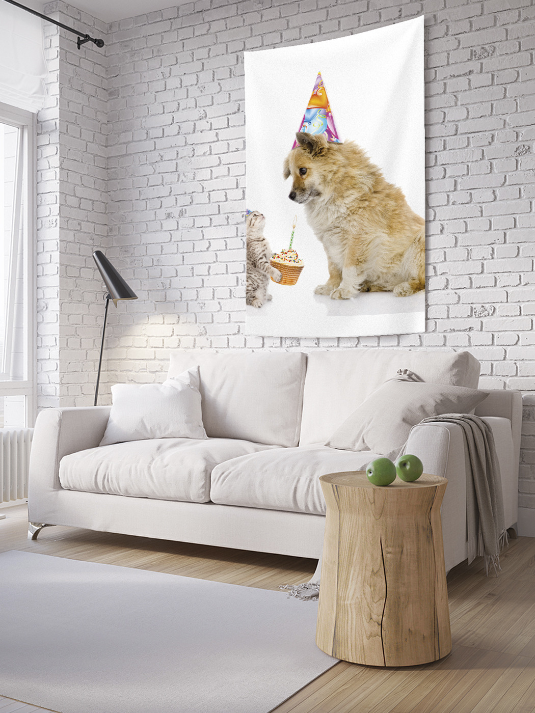 

Вертикальное фотопанно на стену JoyArty Кот поздравляет собаку с именинами 100x150 см, Кот поздравляет собаку с именинами