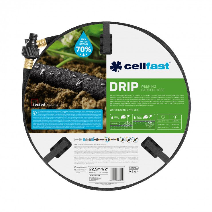 

Сочащийся шланг Cellfast 19-003 1/2" 22,5 м, Черный, Перфорированный шланг SPRING 1/2" 15 м Cellfast 19-022N