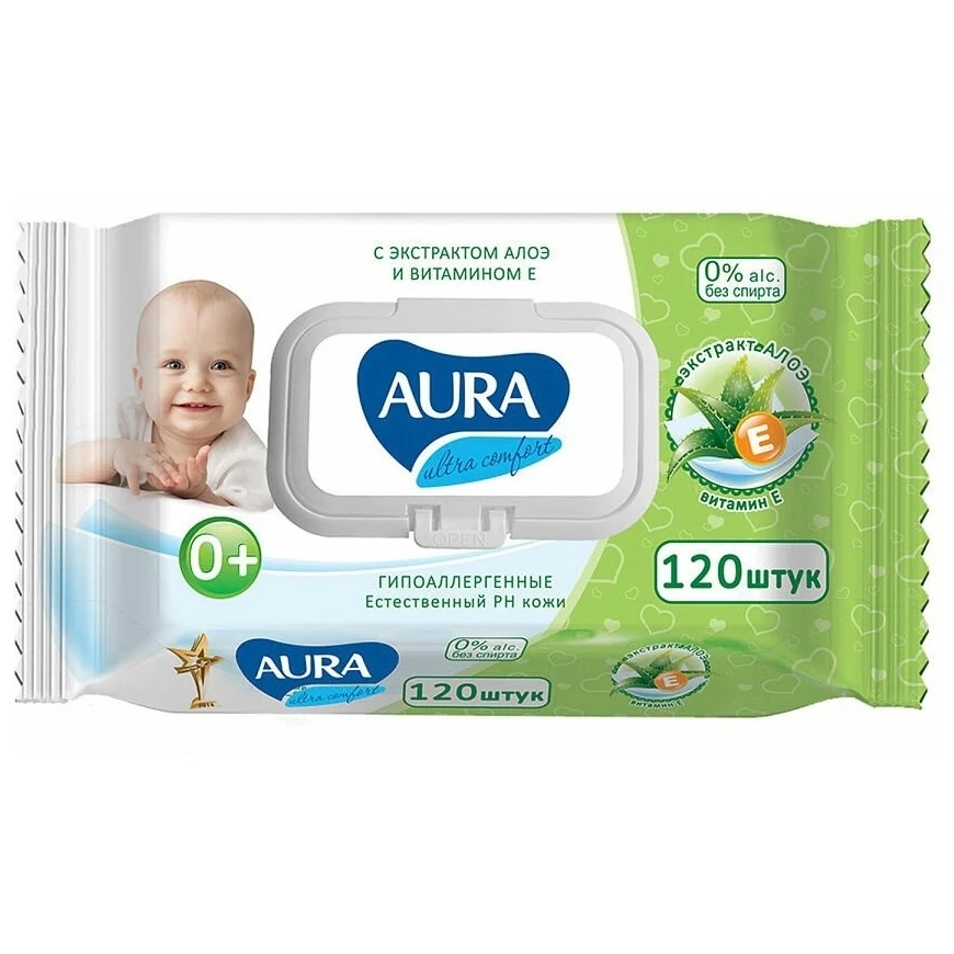 Салфетки влажные для детей AURA Ultra Comfort, алое и витамин Е, 120 шт.