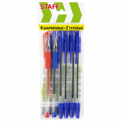 

Ручки шариковые и гелевые STAFF "Basic ST-01", НАБОР 6 ШТУК, АССОРТИ, узел 0