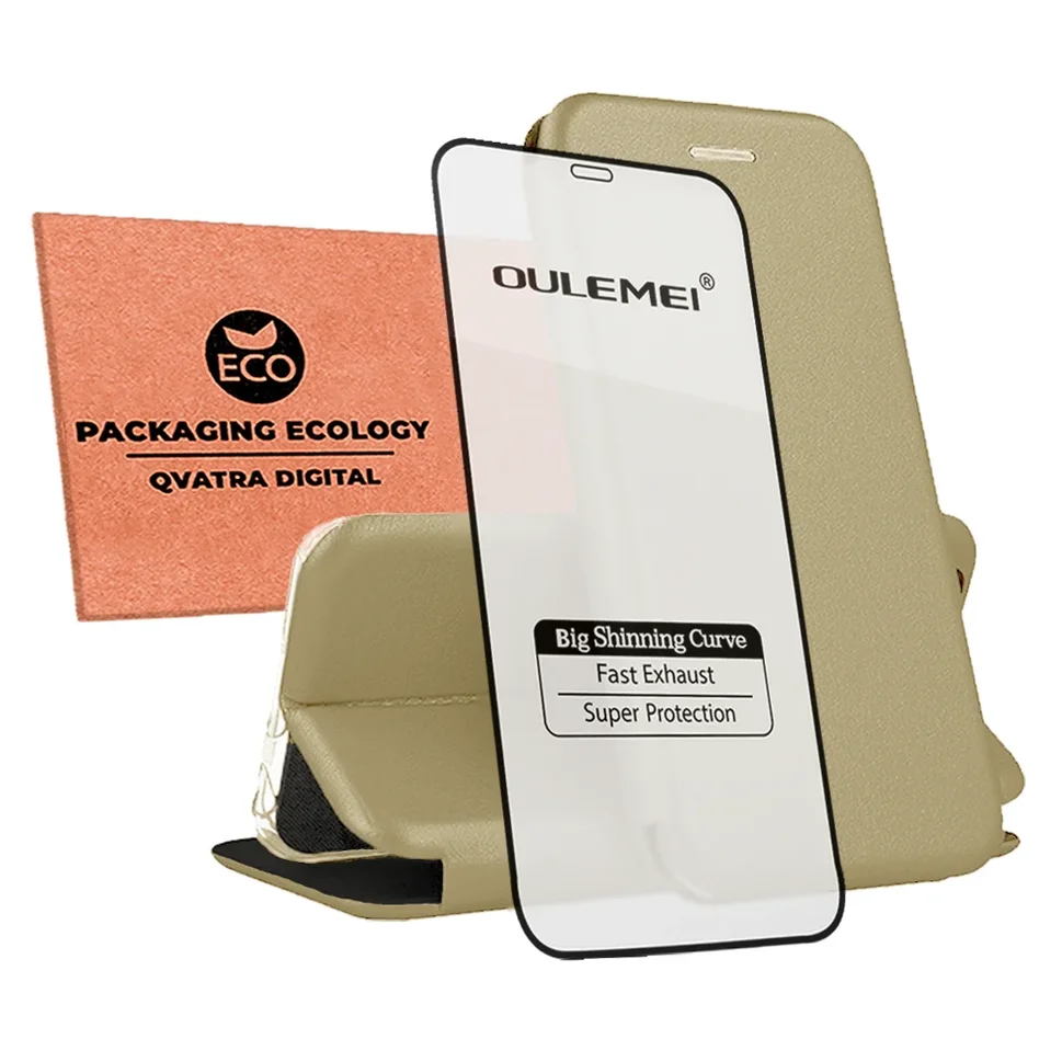 фото Чехол книжка для iphone 11 / комплект со защитным стеклом 9d / для айфон 11 / бежевый qvatra