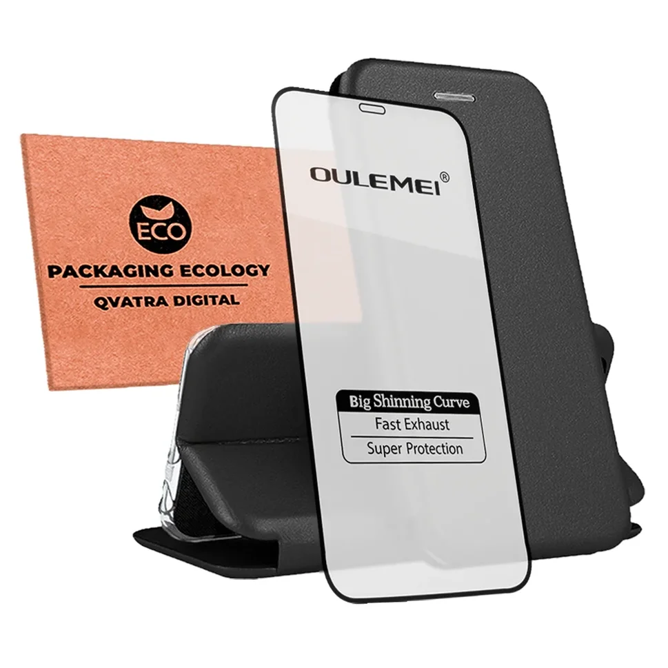 фото Чехол книжка для iphone 11 / комплект со защитным стеклом 9d / для айфон 11 / черный qvatra