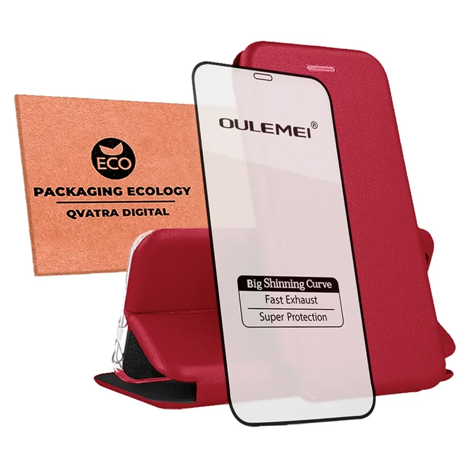 фото Чехол книжка для iphone 11 / комплект со защитным стеклом 9d / для айфон 11 / красный qvatra