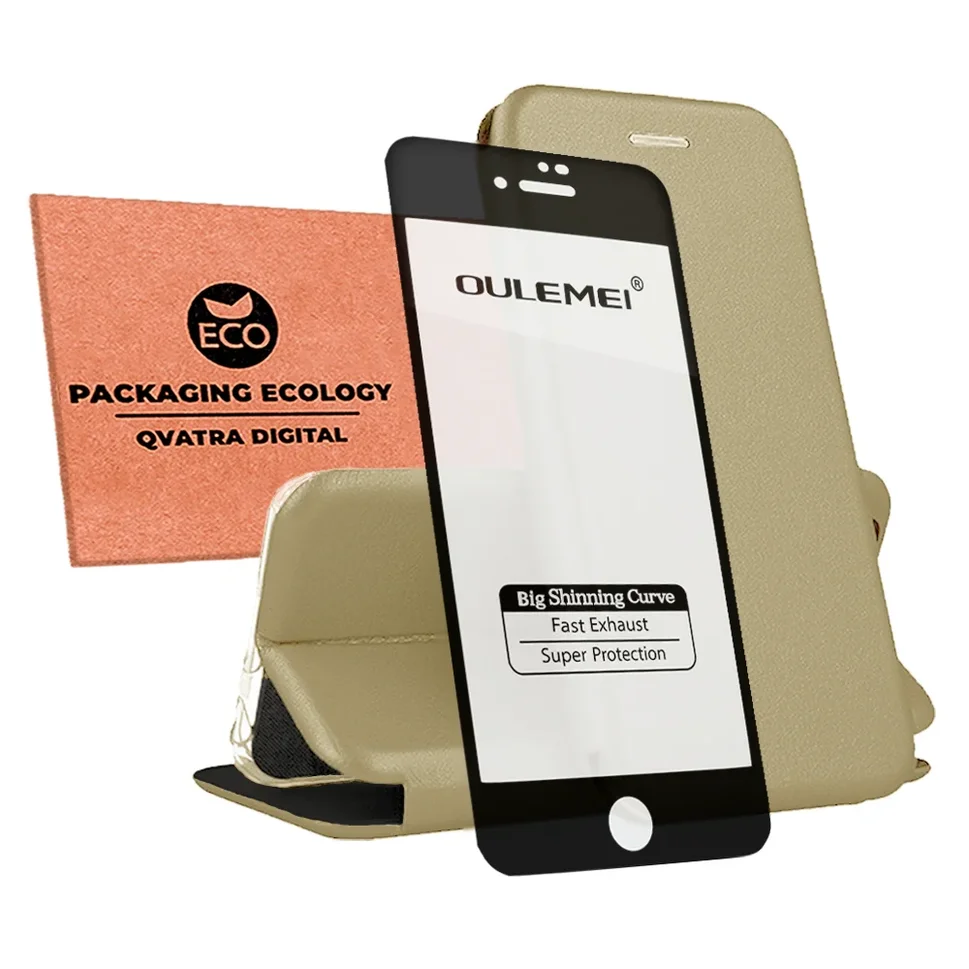 фото Чехол книжка для iphone 8 / комплект со защитным стеклом 9d / для айфон 8 / бежевый qvatra