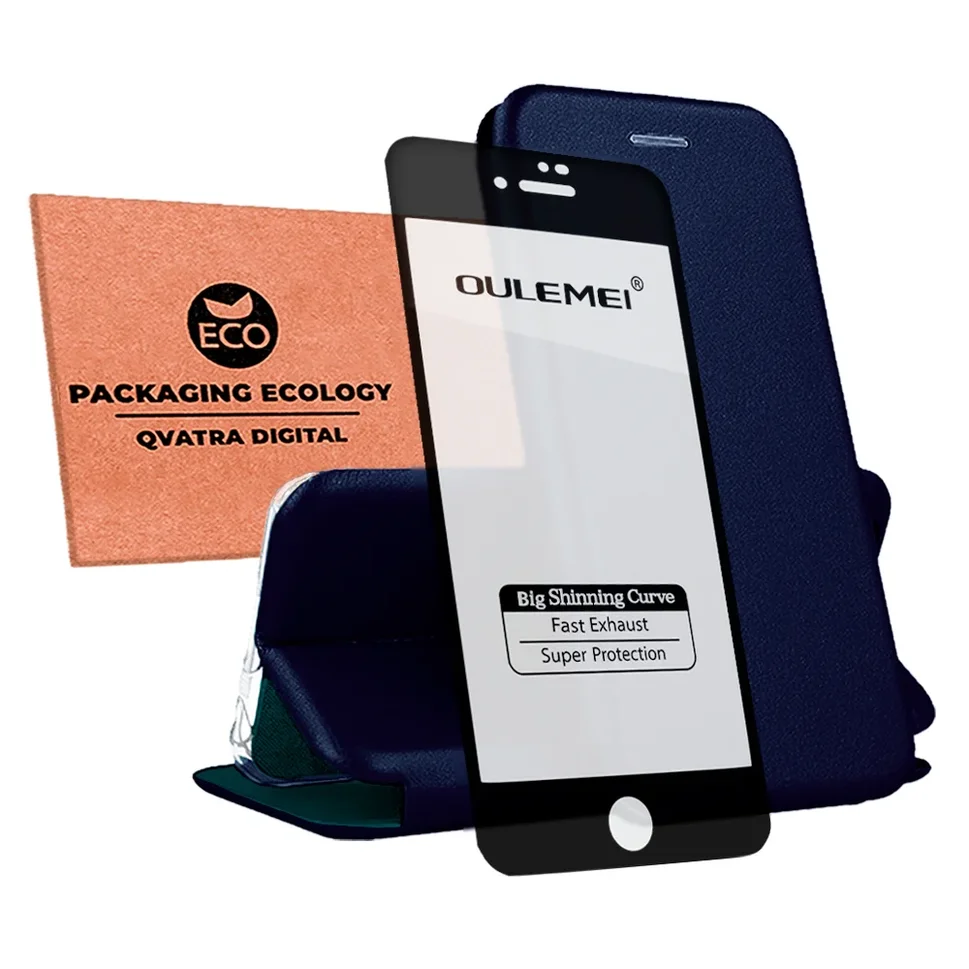 фото Чехол книжка для iphone 8 / комплект со защитным стеклом 9d / для айфон 8 / синий qvatra