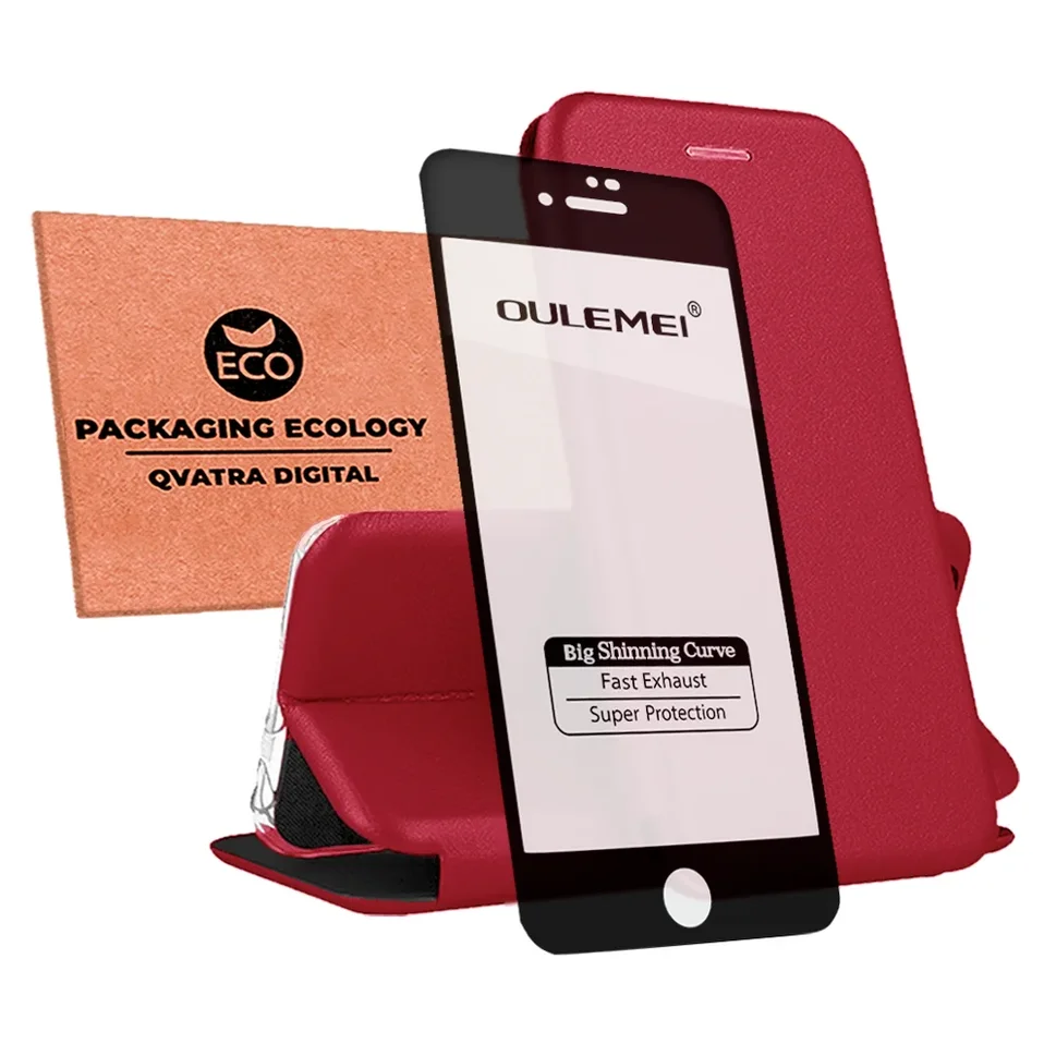 фото Чехол книжка для iphone 8 / комплект со защитным стеклом 9d / для айфон 8 / красный qvatra
