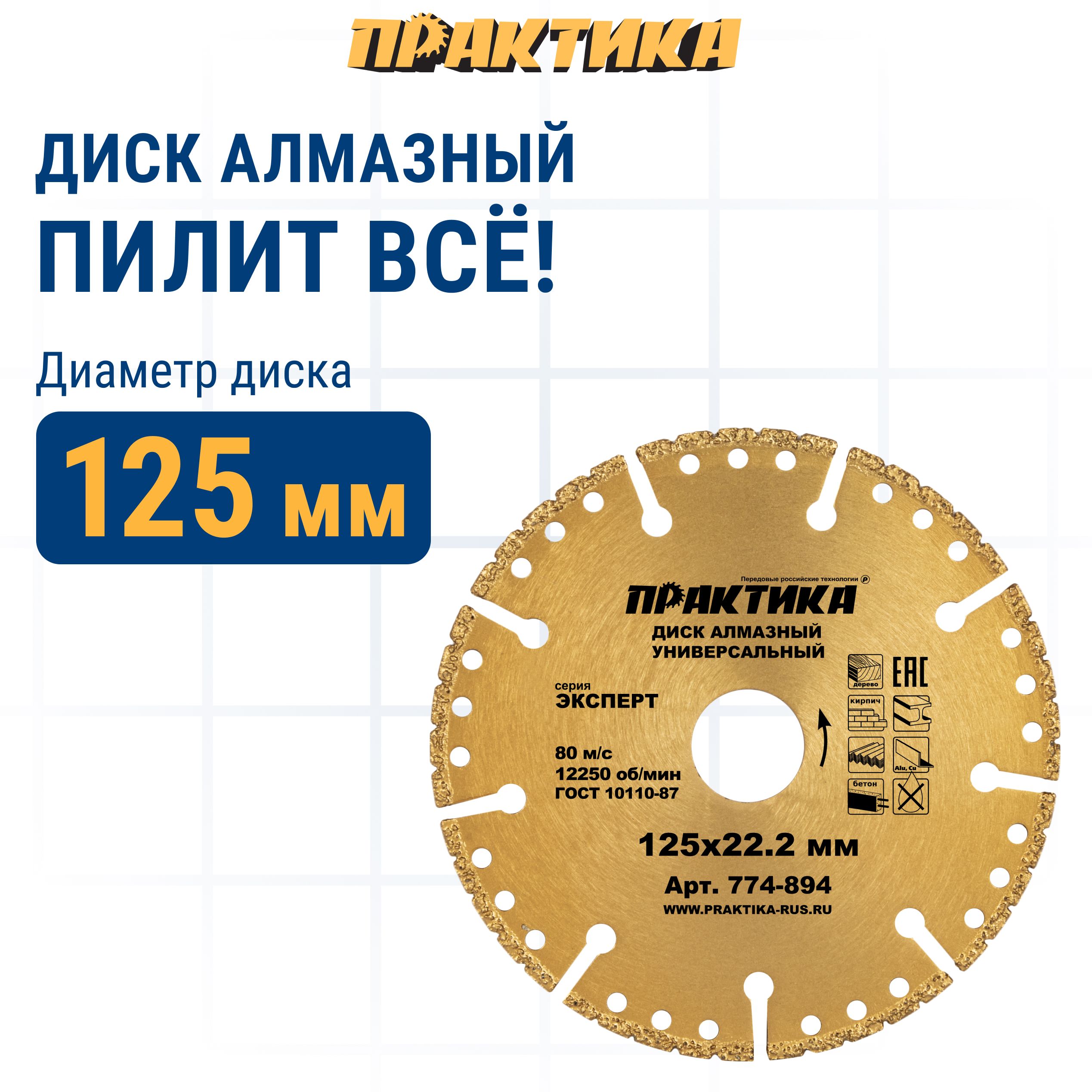 

Диск алмазный универсальный 125 х 22 мм сегментный ПРАКТИКА Эксперт сегмент 10мм, диск алмазный отрезной универсальный 774-894