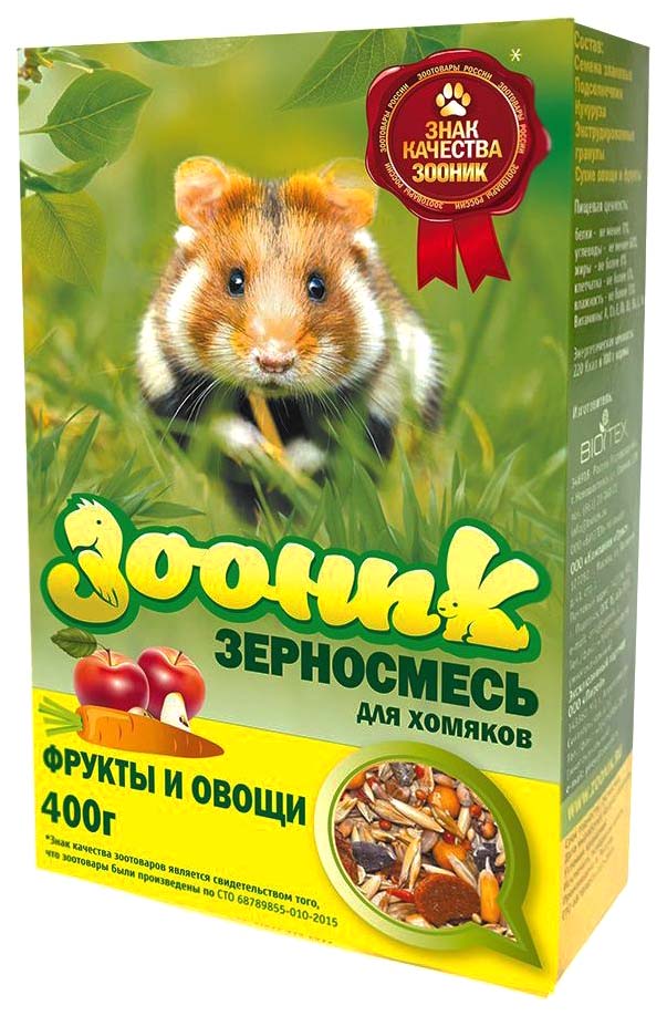 

Сухой корм для хомяков Зооник, зерносмесь с фруктами и овощами, 400 г, Классик Зооник
