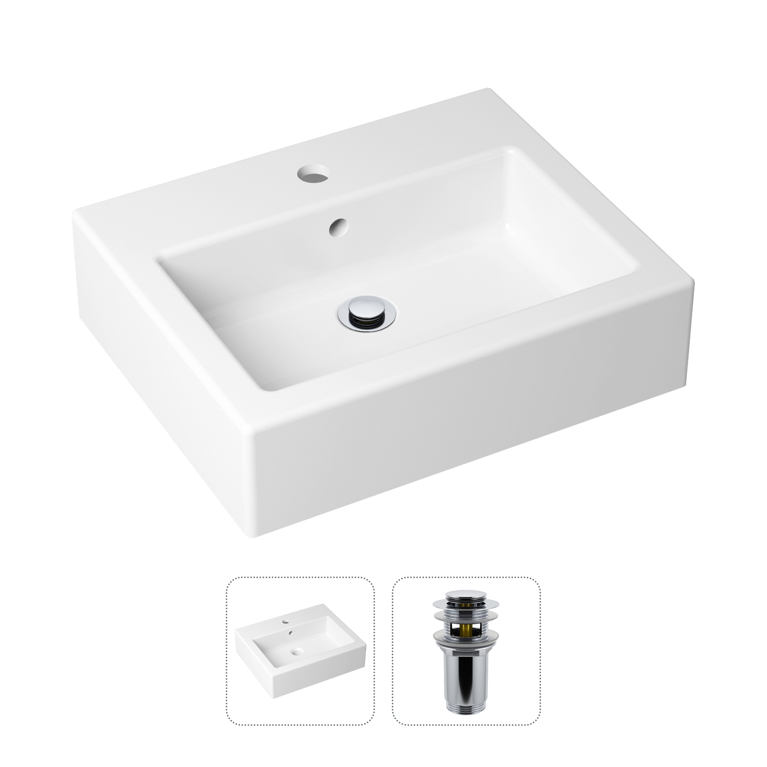 

Комплект 2 в 1 Lavinia Boho Bathroom Sink 21520908: накладная раковина, донный клапан, Белый, Комплект раковин Lavinia Boho 33311013 (д/к с переливом, с сифоном №2)