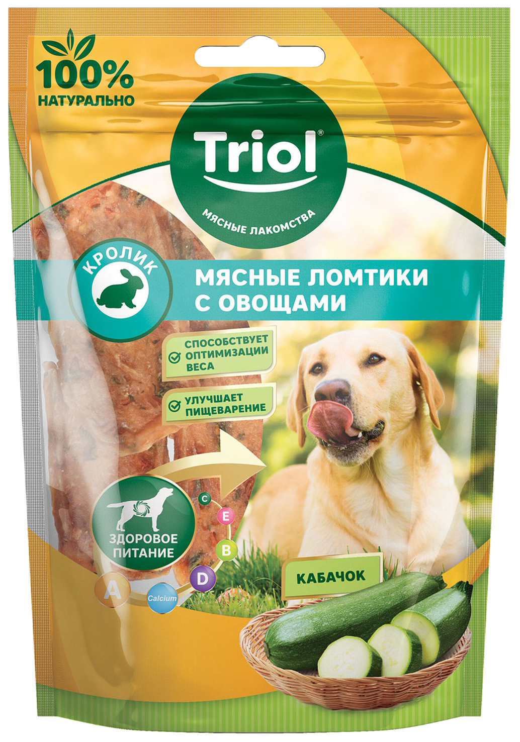 

Лакомство для собак Triol Мясные ломтики из кролика с кабачком, 70 г