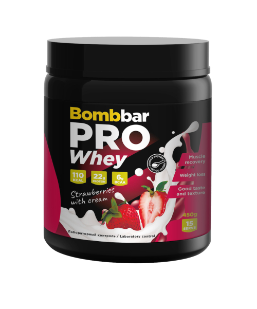 Протеин сывороточный Bombbar PRO Whey клубника со сливками 450 г