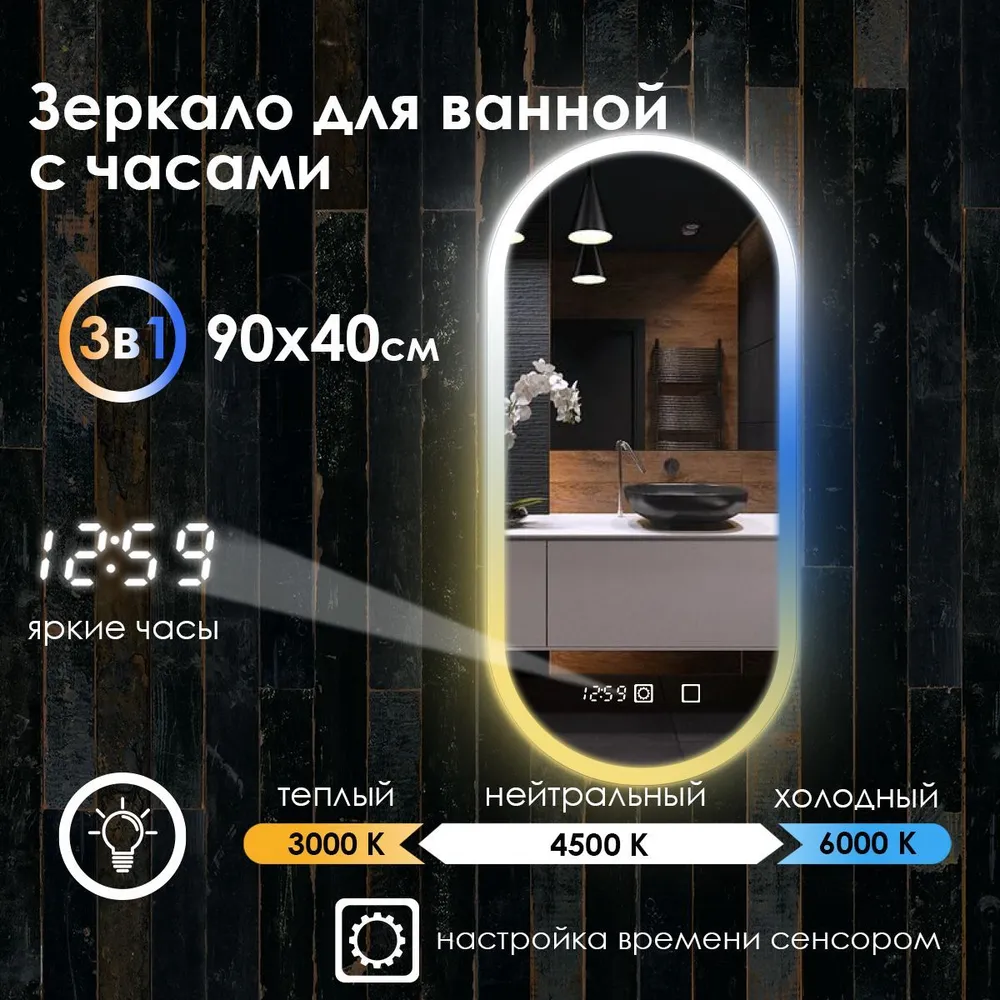 

Зеркало для ванной Maskota Elen с часами, фронтальной подсветкой по краю 3в1, 90x40 см, Белый;голубой;желтый, Elen-pes2/clock