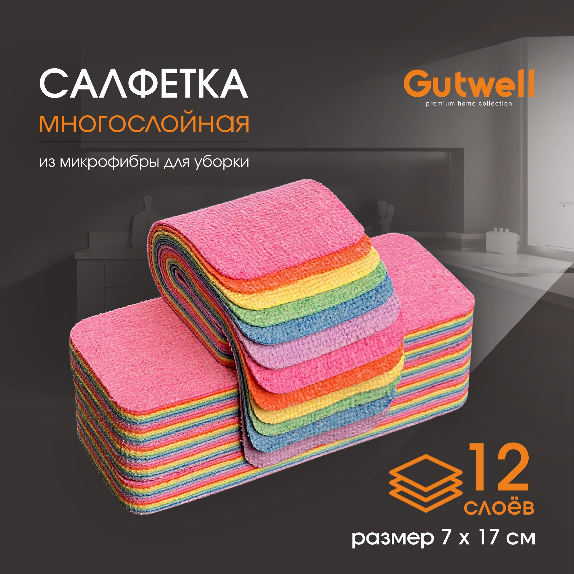 Многослойная салфетка тряпка Gutwell 12 слоев из микрофибры для уборки дома 17х7х2,5, 1 шт