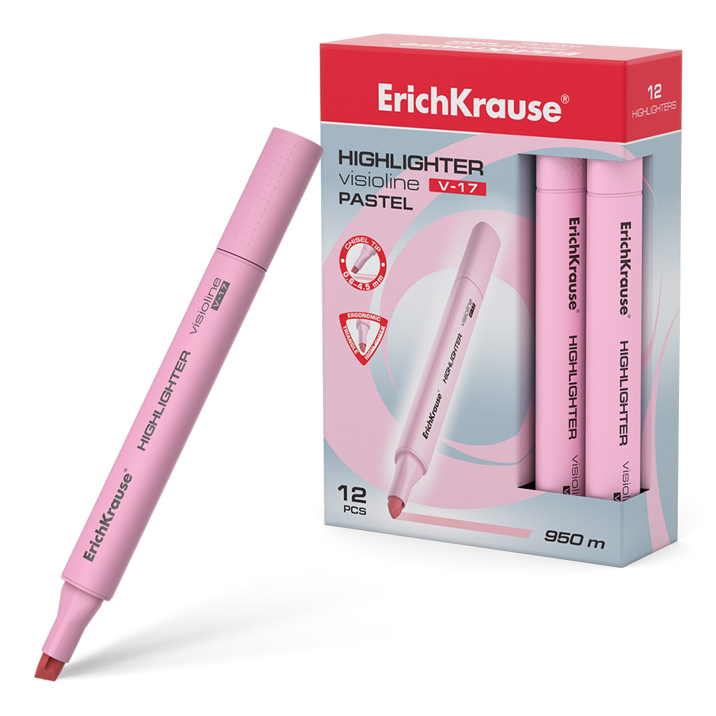 

Текстмаркер ErichKrause Visioline V-17 Pastel,56021 цвет чернил розовый 12 штук, Visioline V-17