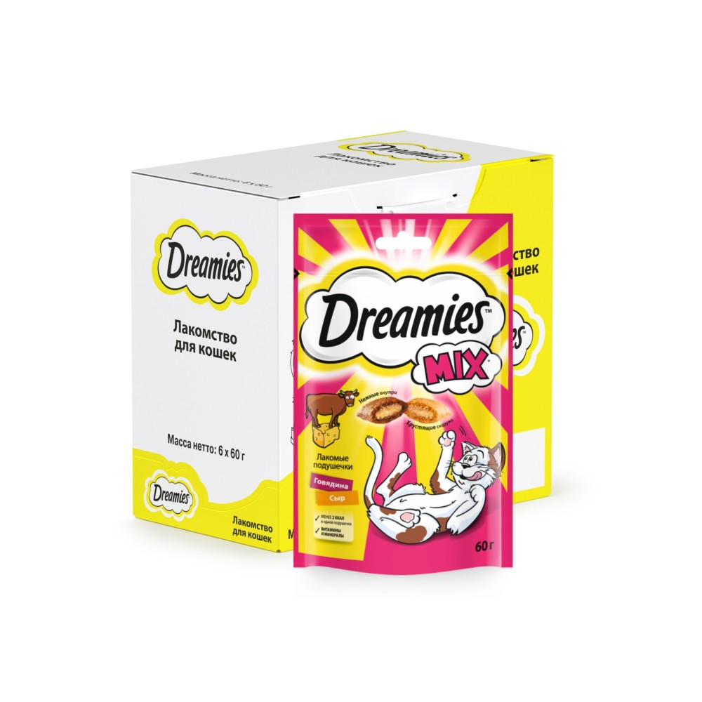 Лакомство Dreamies MIX для взрослых кошек с говядиной и сыром 6 шт по 60г 822₽