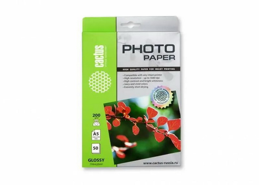 

Фотобумага Cactus CS-GA520050, A5, для струйной печати, 50л, 200г/м2, белый, покрытие глян, Фотобумага Cactus CS-GA520050, A5, для струйной печати, 50л, 200г/м2, белый, покрытие глянцевое