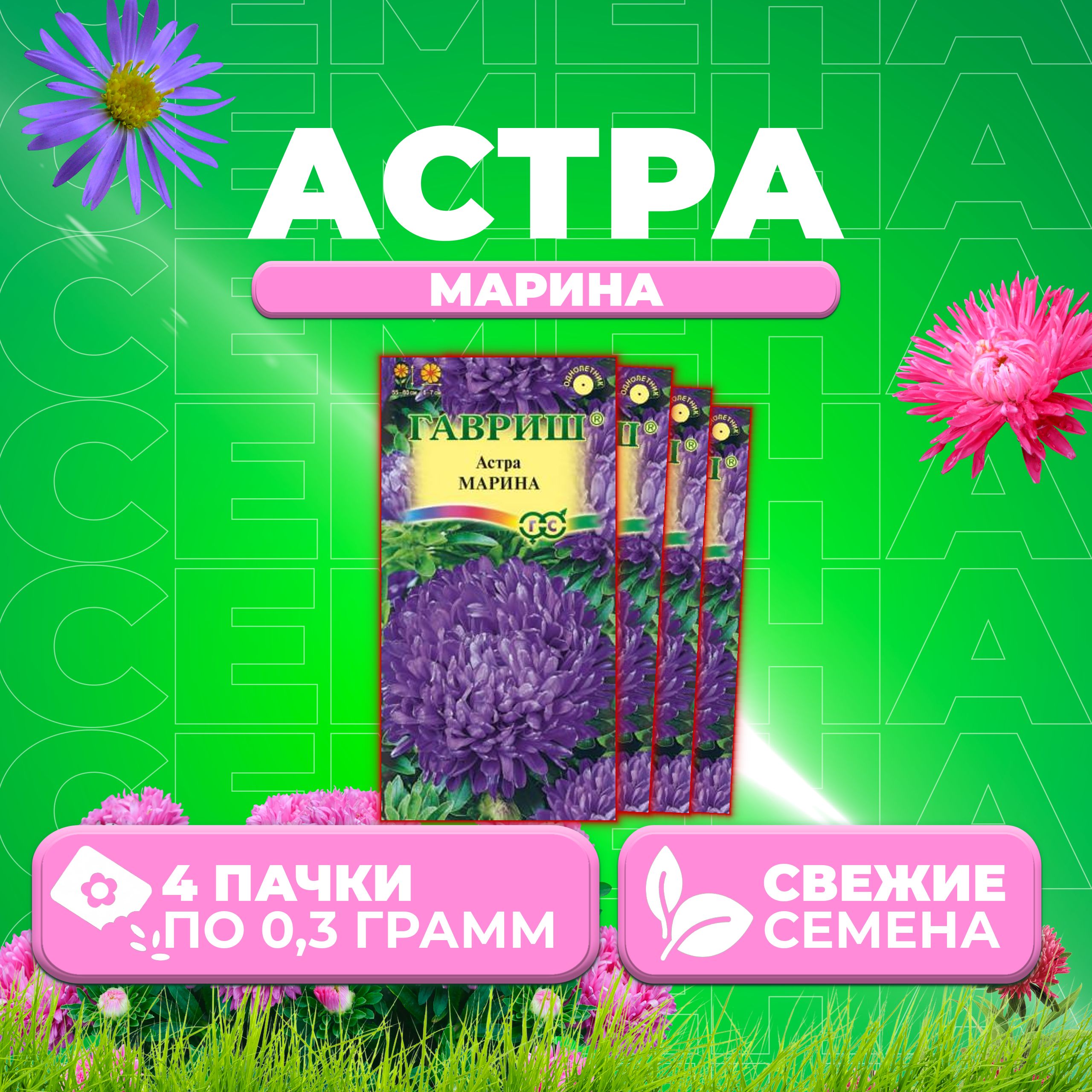

Семена Астра Марина, воронежская, 0,3г, Гавриш, Цветочная коллекция (4 уп)