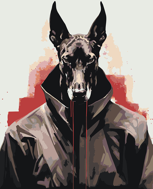 Картина по номерам Цветное Черная собака доберман в куртке