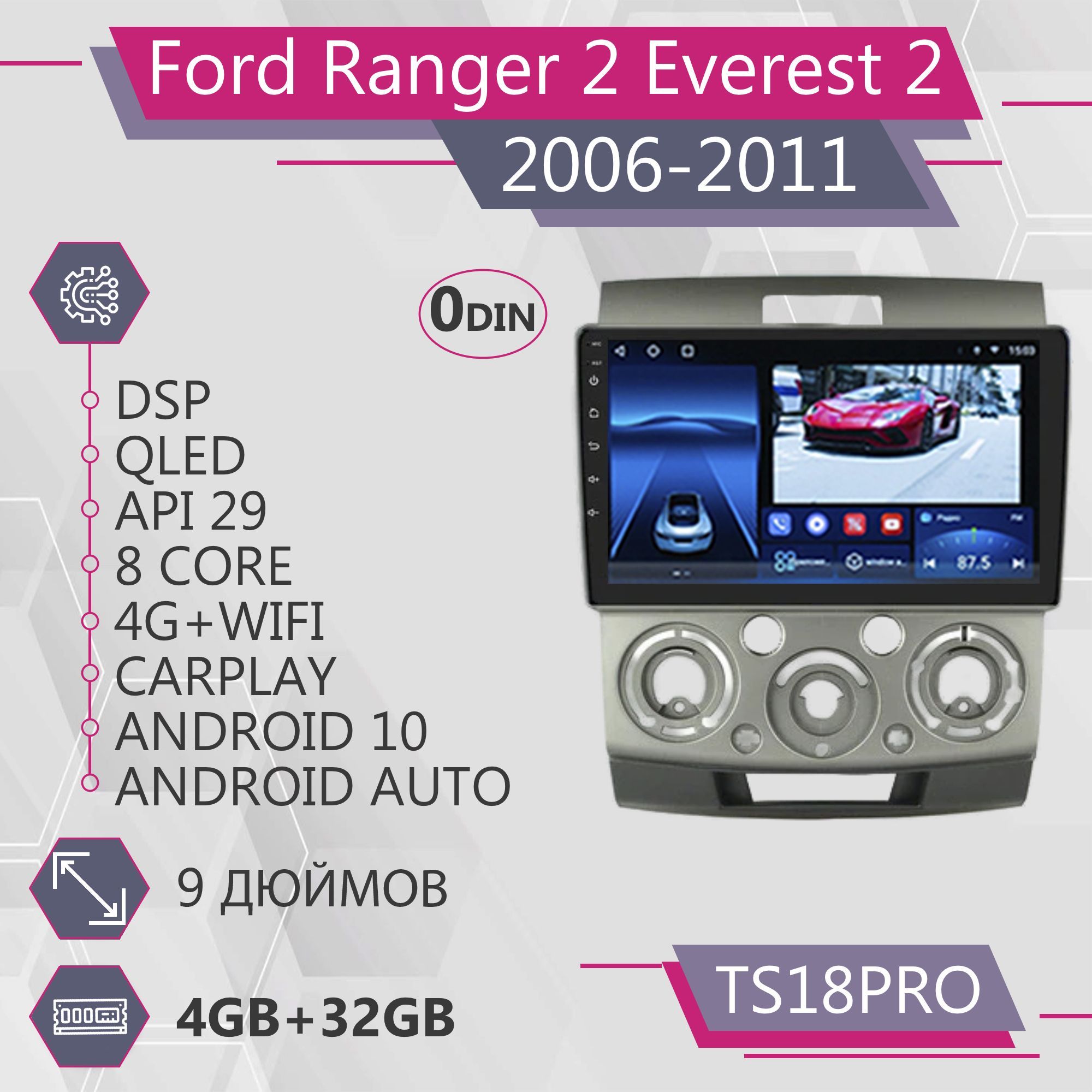 Магнитола Точка Звука TS18Pro для Ford Ranger Everest 2 Форд Рейнджер Эверест 4+32GB