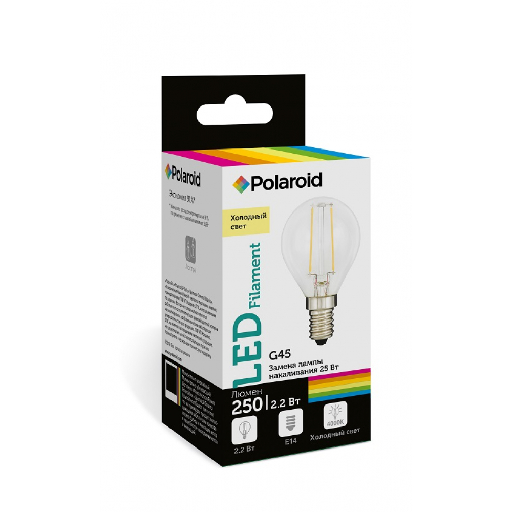 фото Лампочка polaroid filament g45 e14 2.2w 220v 4000k 250lm 1csc20004557