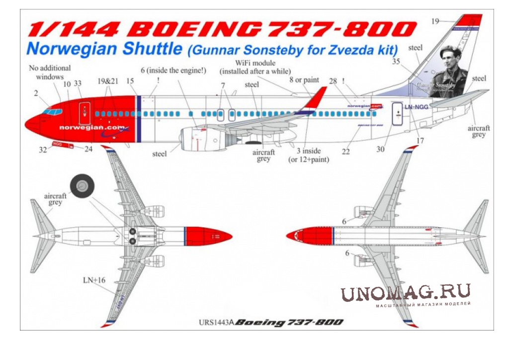 URS1443a Декали для Boeing 737-800 Norwegian Shuttle LN-NGG Gunnar Sonsteby with stencils