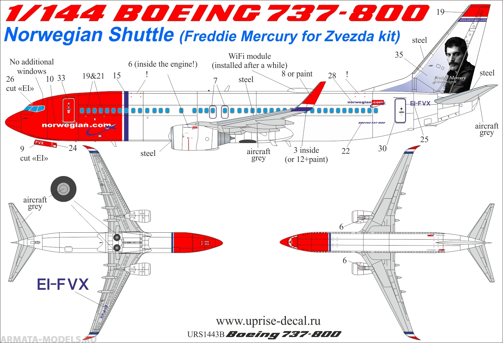 URS1443b Декали для Boeing 737-800 Norwegian Shuttle EL-FVX Freddie Mercury with stencils