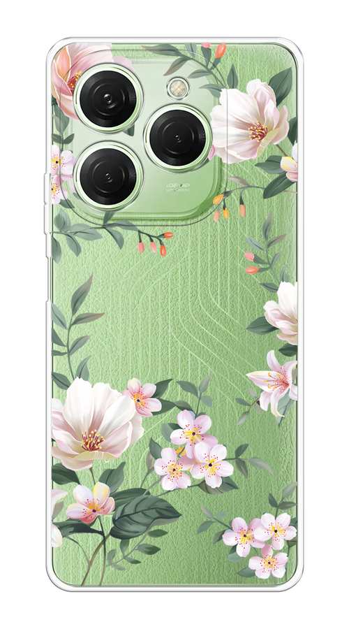 

Чехол на Tecno Spark 20 Pro "Beautiful white flowers", Бежевый;зеленый, 304850-1