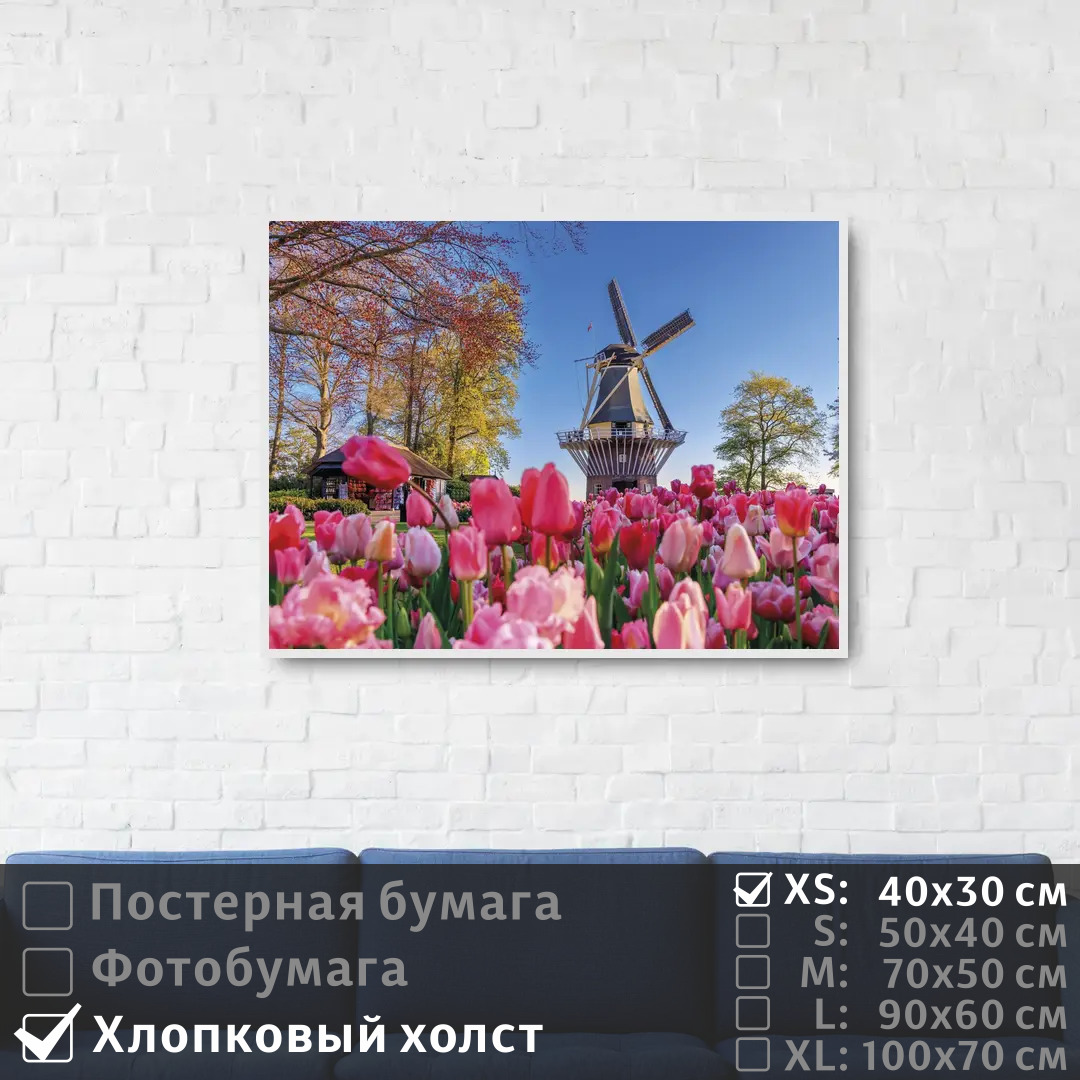 

Постер на холсте ПолиЦентр Тюльпаны в саду с мельницей 40х30 см, ТюльпаныВСадуСМельницей