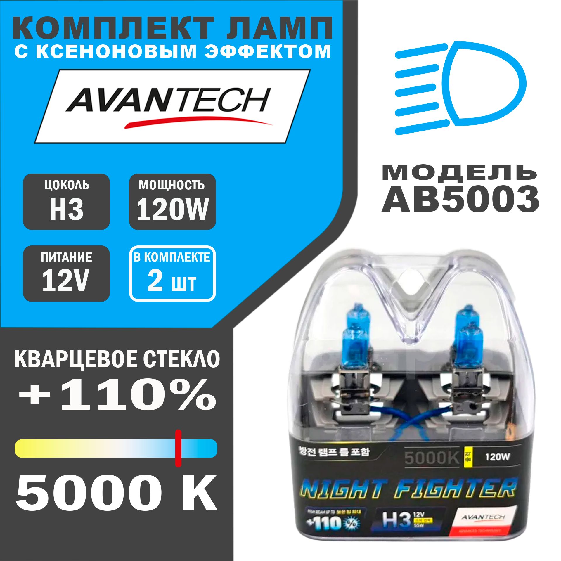 Лампы галогенные высокотемпературные Avantech H3 12V 55W (100W)5000K,к-т 2 шт.арт.AB5003