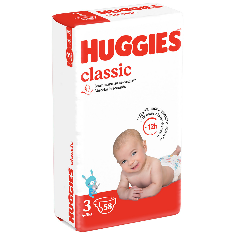 

Подгузники Huggies Classic 4-9 кг, 3 размер, 58 шт