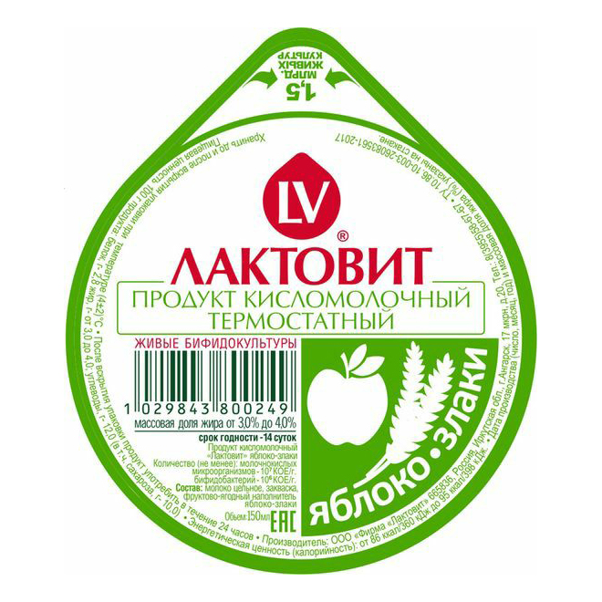 

Продукт кисломолочный Лактовит 3,2% яблоко-злаки БЗМЖ 150 мл