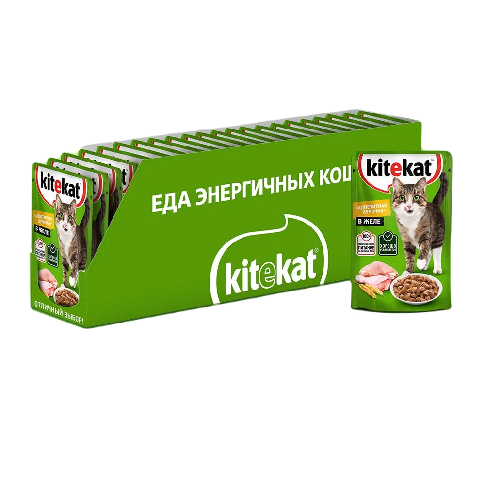 Корм влажный Kitekat для взрослых кошек, с курицей, в желе, 28x85 г