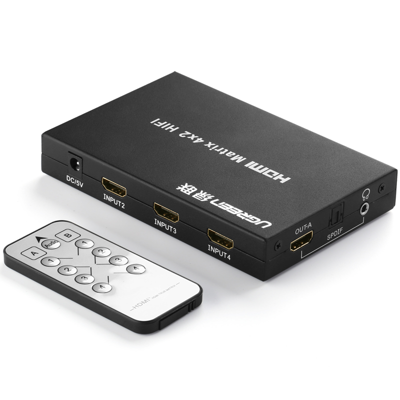 

Переключатель uGreen 4xHDMI - 2xHDMI/3,5 jack/SPDIF розетка-розетка м 40216_, Черный, Переключатель UGREEN (40216) 4x2 HDMI Matrix Switch Box With 5V 1A DC (5.5*2.1*10mm) с блоком питания*1. Цвет: черный